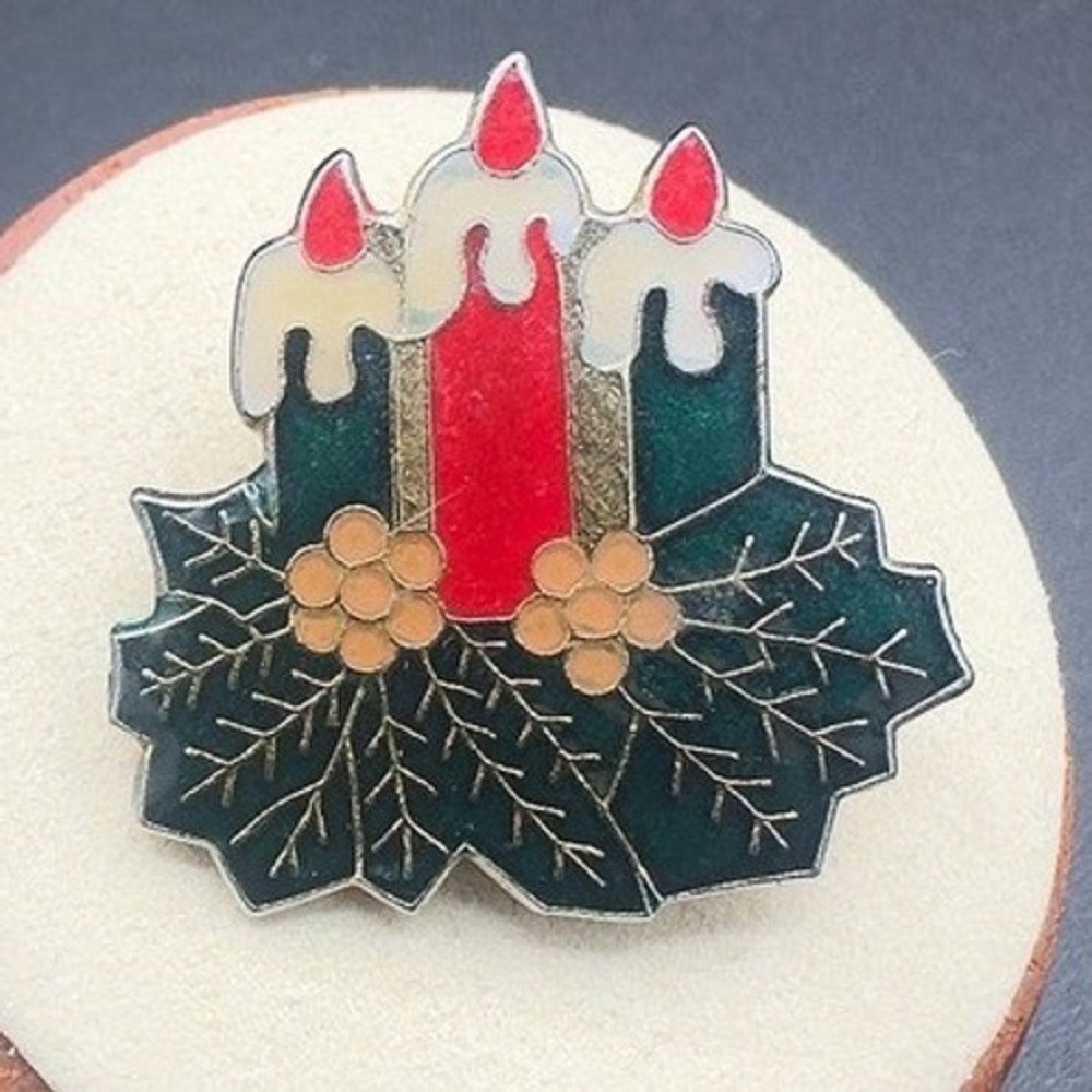 Vintage Enamel Christmas Candle Brooch –‎ Holiday Holly Pin